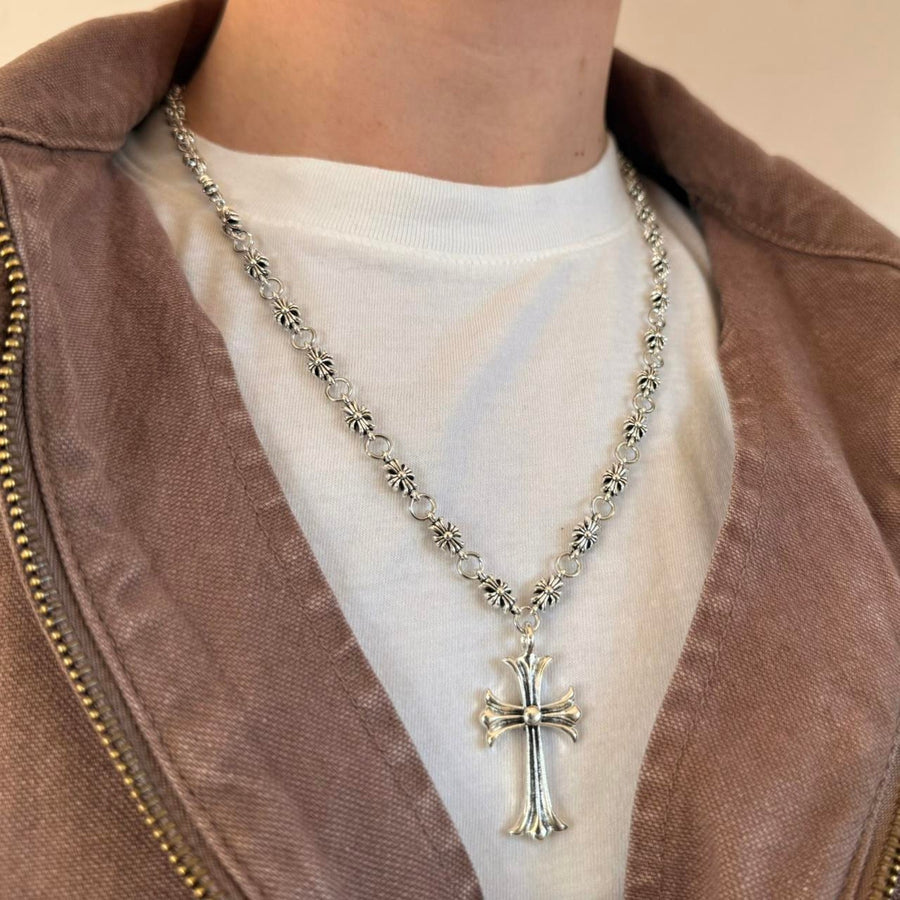 Silver Beaded Cross Pendant Necklace
