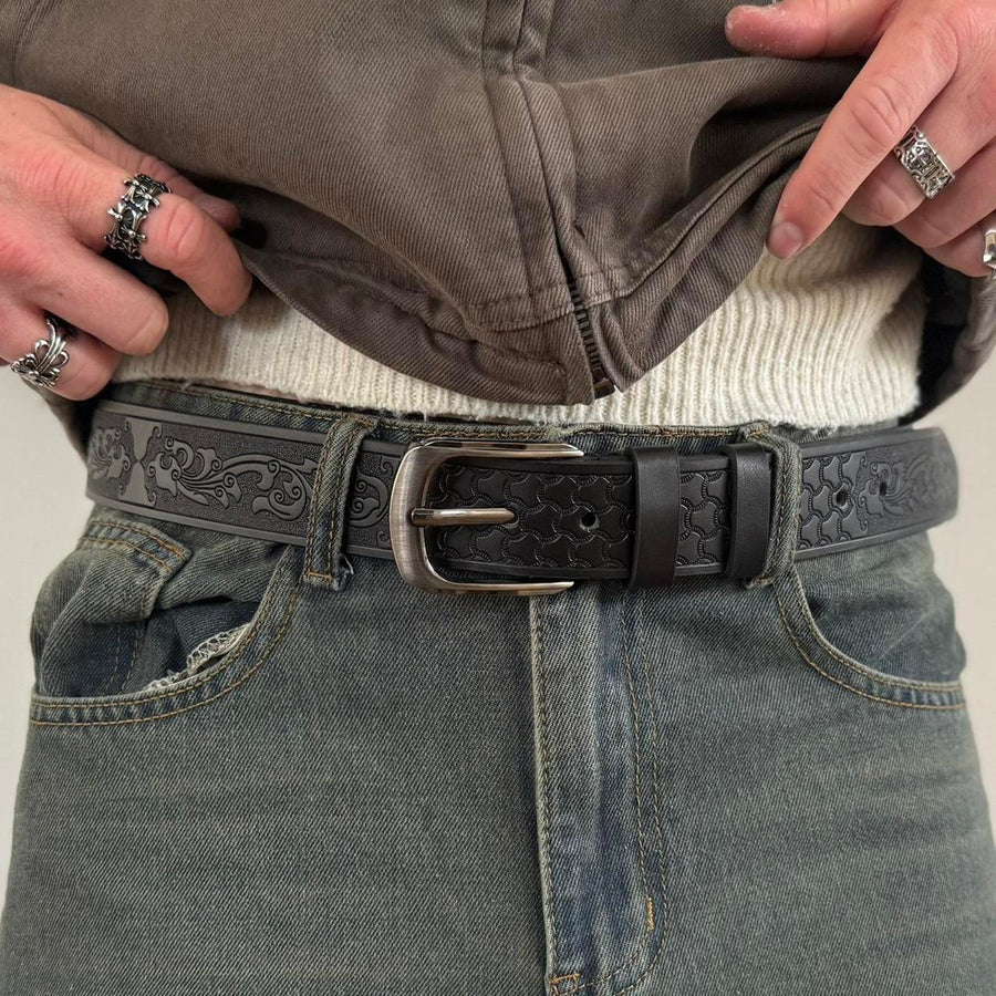 Black Tooled Leather Belt