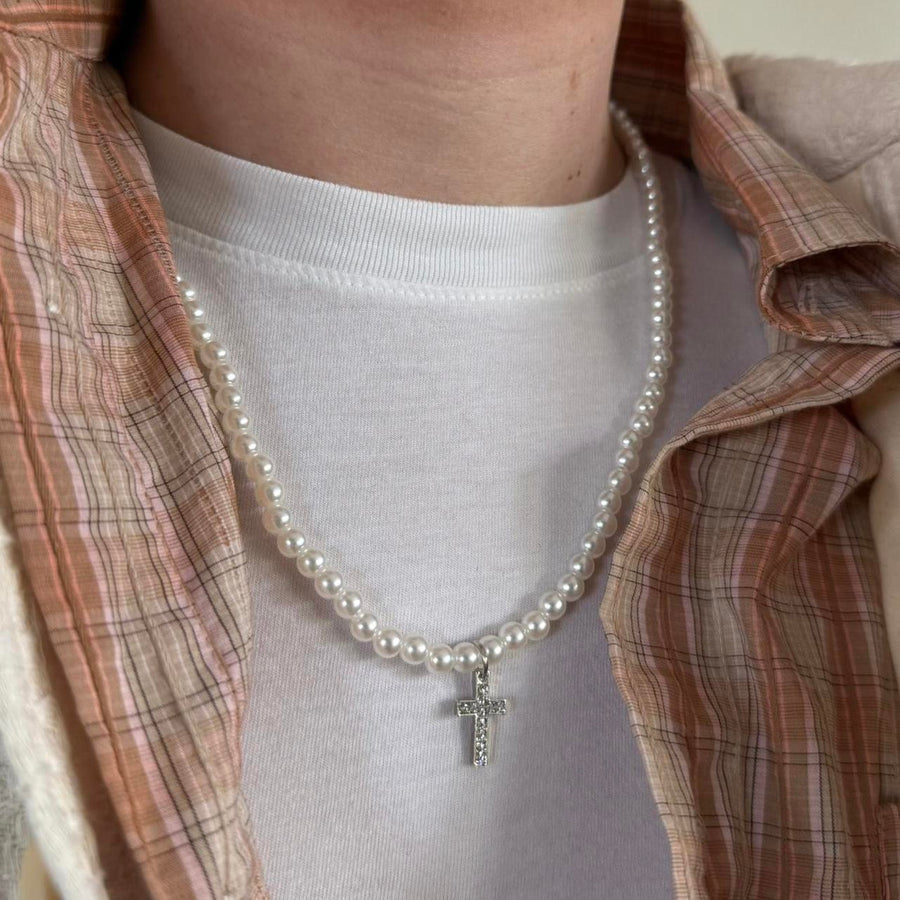 Pearl Bead Cross Necklace