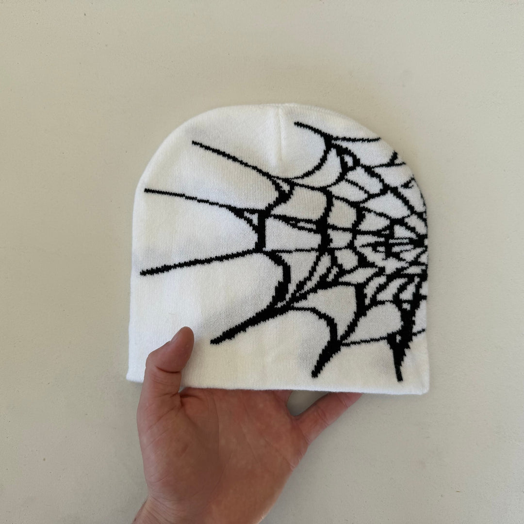 y2k 2000s white & black grunge gothic spiderweb beanie