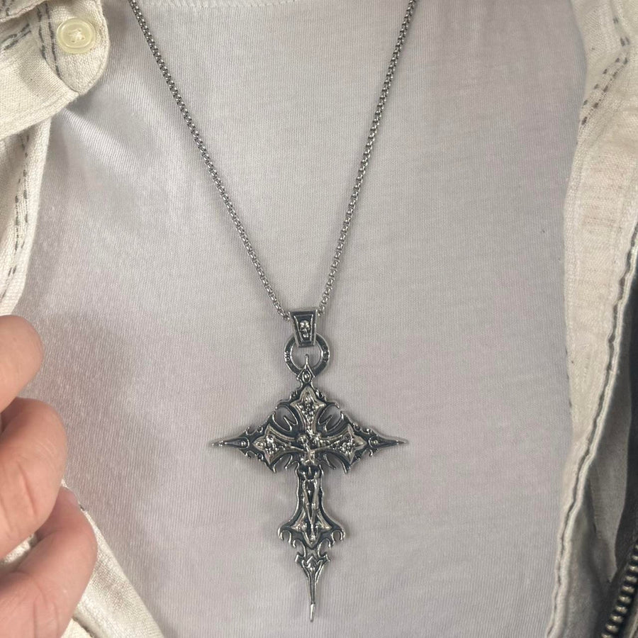 Y2K Silver Gothic Cross Necklace 20 Inch Unisex Pendant Streetwear Style