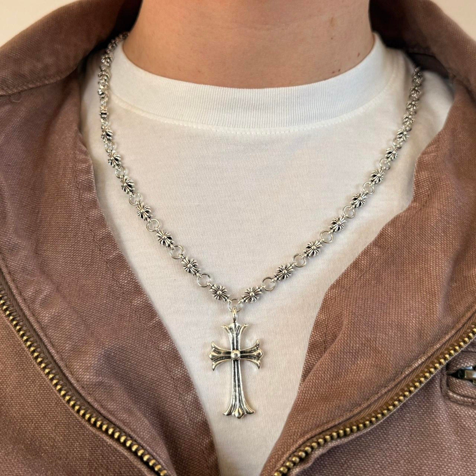 Silver Beaded Cross Pendant Necklace