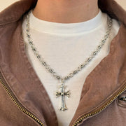 Silver Beaded Cross Pendant Necklace