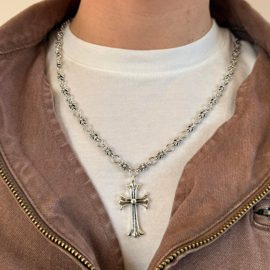 Silver Beaded Cross Pendant Necklace