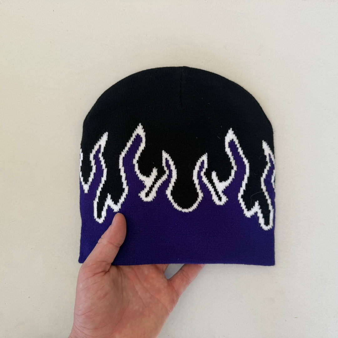 grunge gothic punk flame black and purple beanie