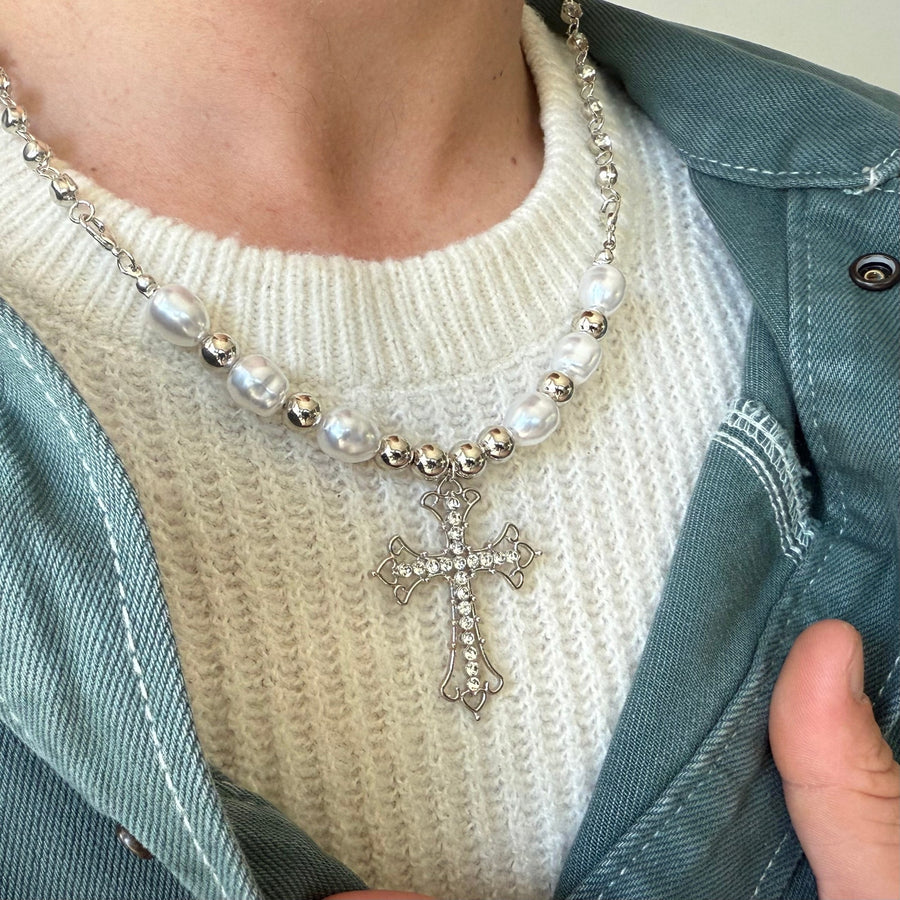 Beaded Pearl Cross Necklace