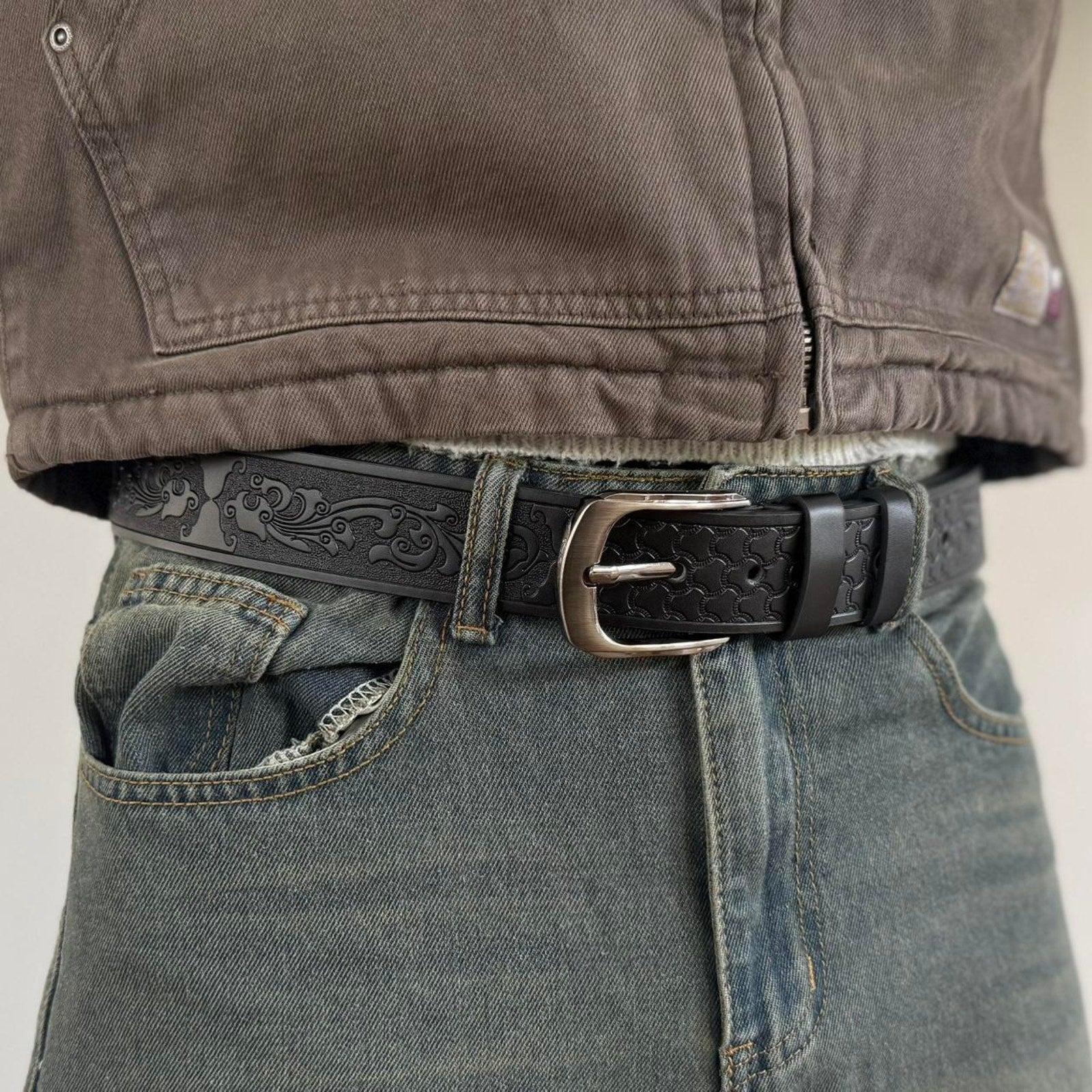 Black Tooled Leather Belt
