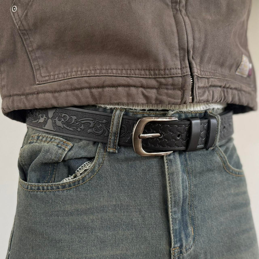 Black Tooled Leather Belt