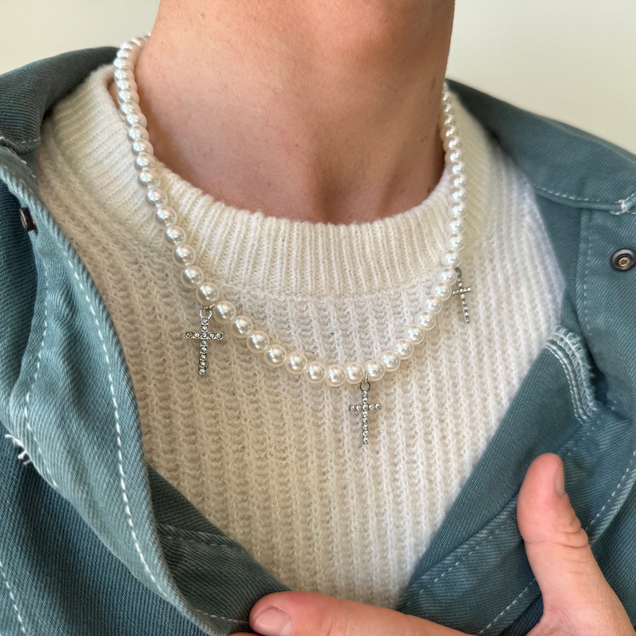 Pearl Bead Triple Cross Necklace