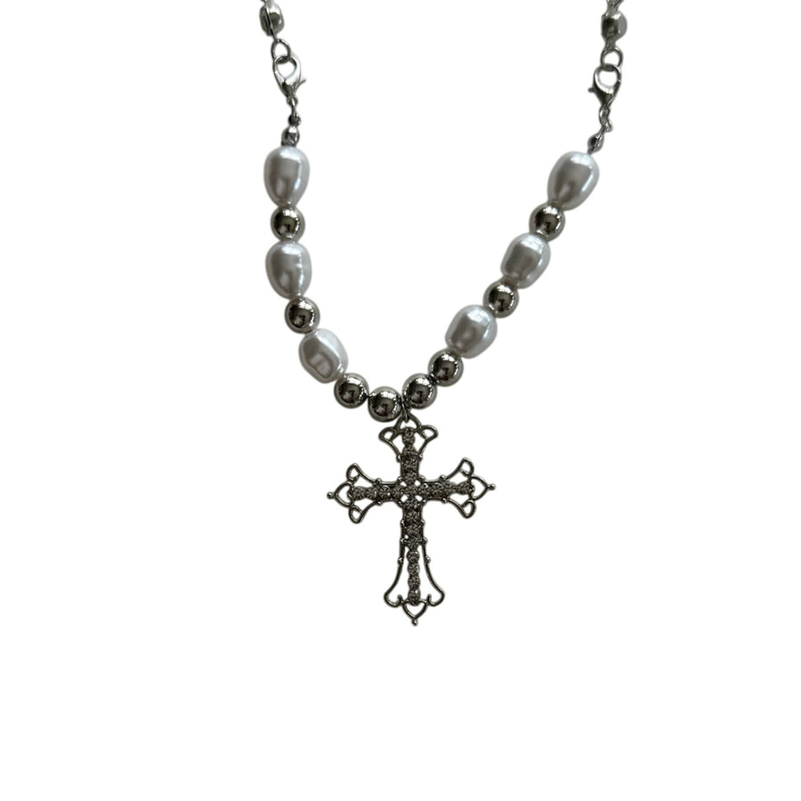 Beaded Pearl Cross Necklace
