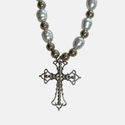 Beaded Pearl Cross Necklace