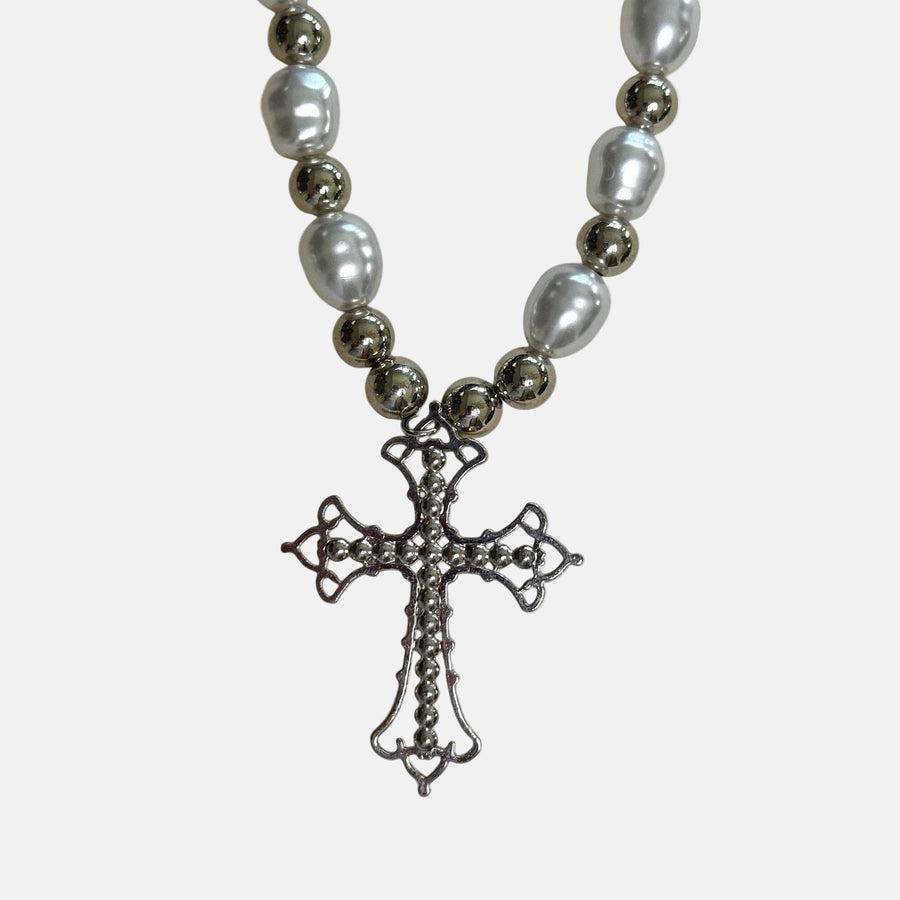 Beaded Pearl Cross Necklace