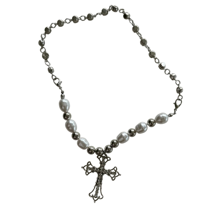 Beaded Pearl Cross Necklace