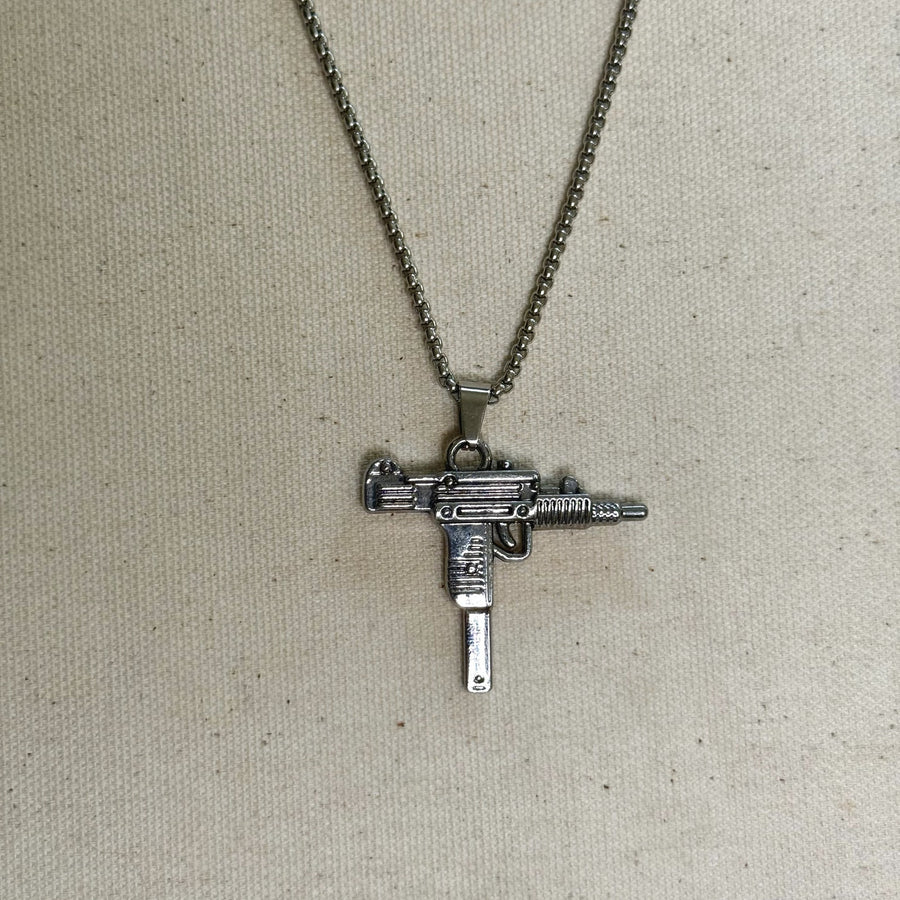 Y2K Silver Stainless Steel Uzi Necklace Urban Pendant Unisex Streetwear New