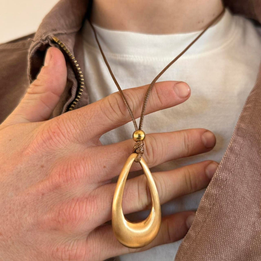 2000s Gold Pendant Leather Necklace – Unisex, Brand New