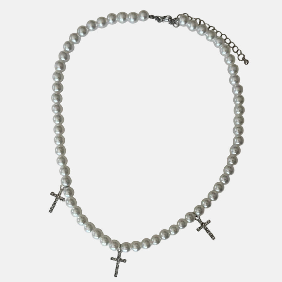 Pearl Bead Triple Cross Necklace