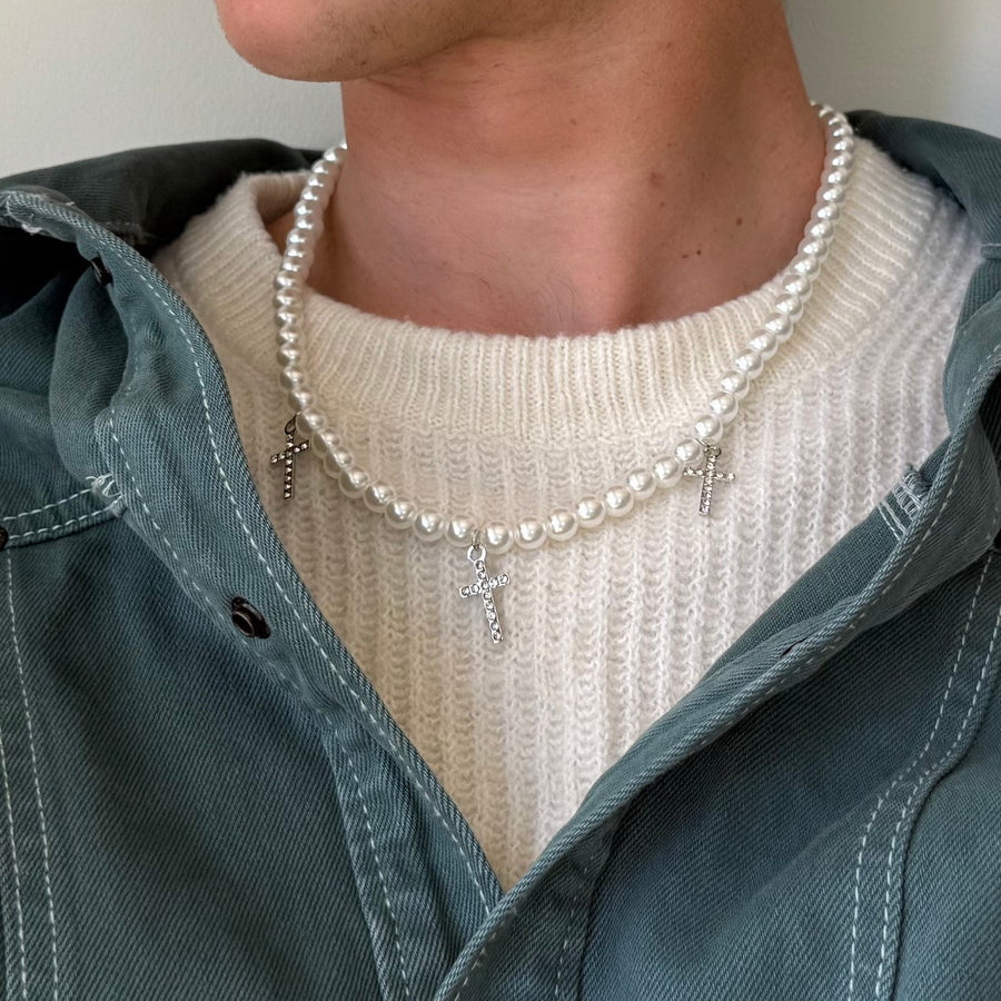 Pearl Bead Triple Cross Necklace