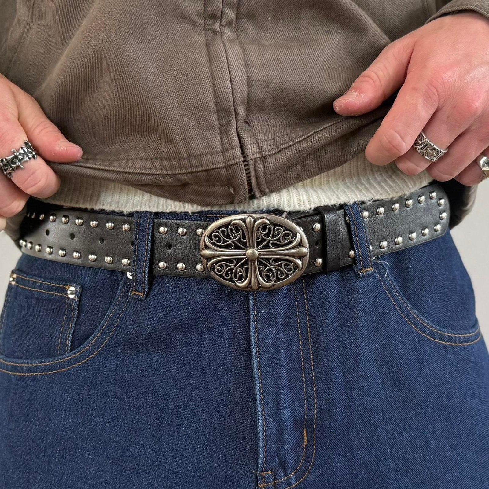 Black Studded Oval Buckle Belt